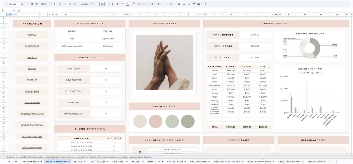 Main dashboard — The Vows Planner product screenshot