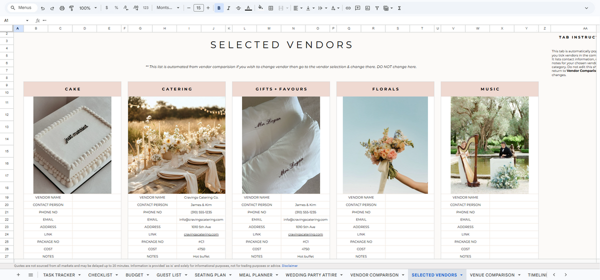 Selected vendors — The Vows Planner product screenshot