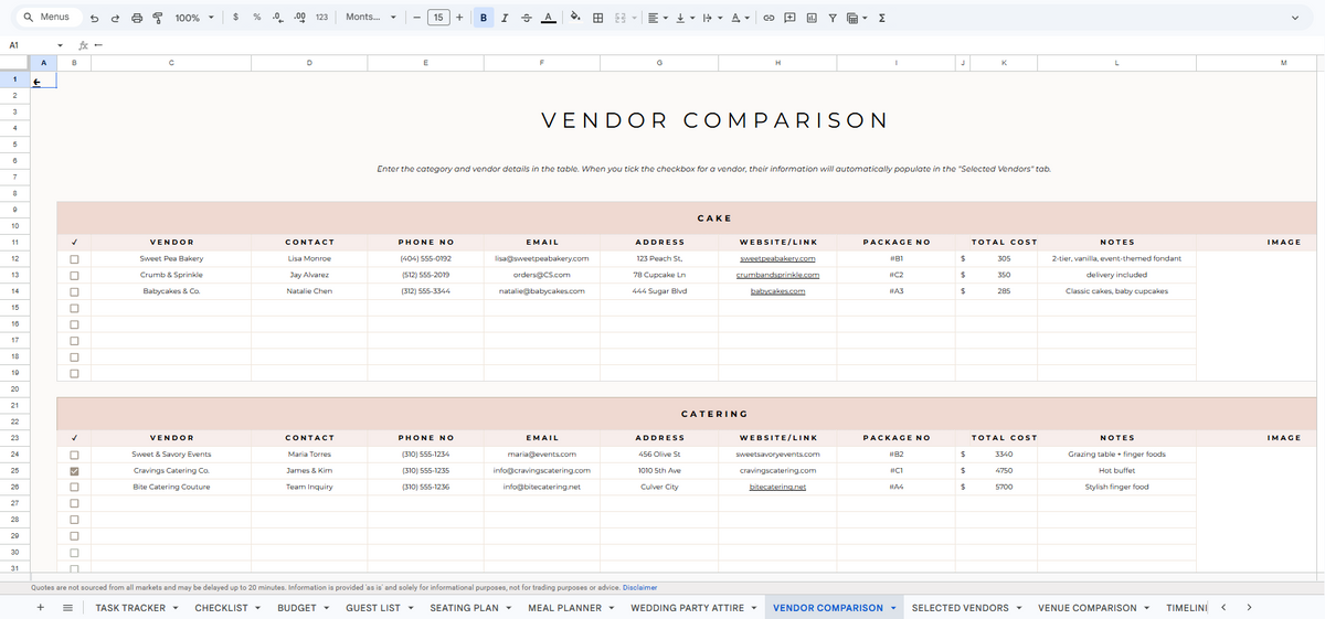 Vendor comparison — The Vows Planner product screenshot